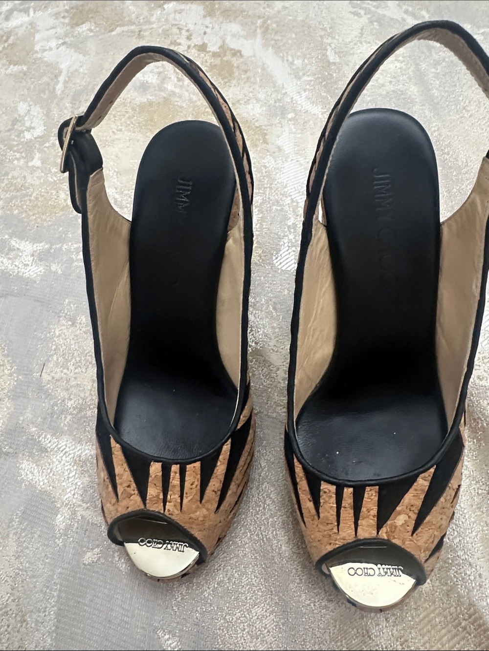 Jimmy Choo Black and Cork Peep-Toe Platform Slingbacks